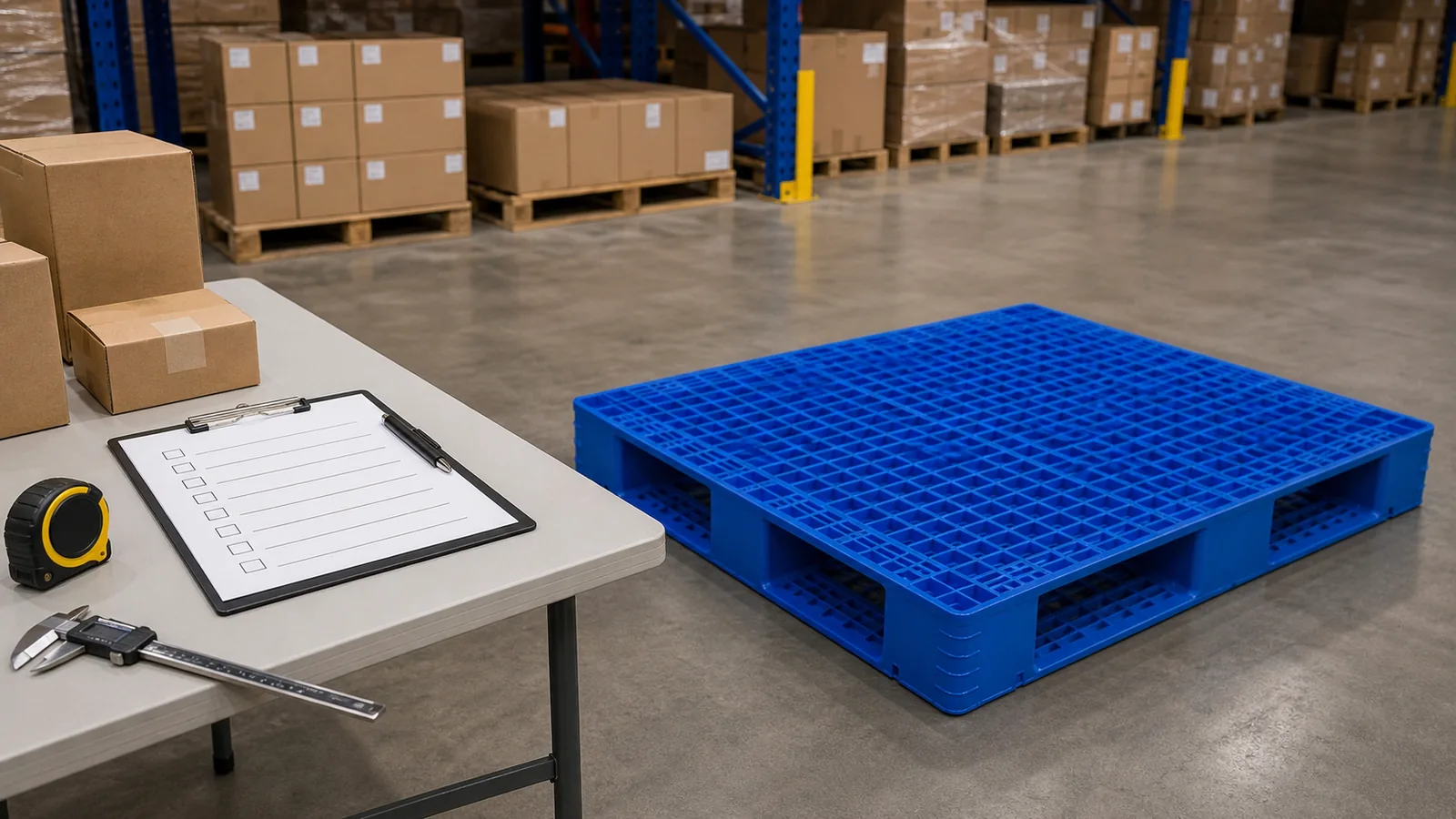Blue plastic pallet with a checklist, tape measure, and caliper in a warehouse inspection area