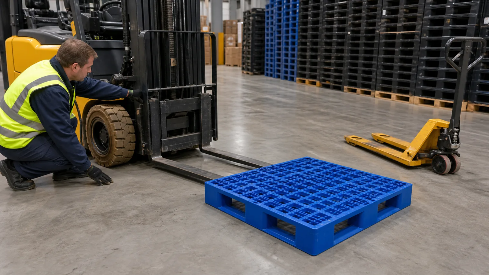 Warehouse operator testing forklift entry on a plastic pallet sample