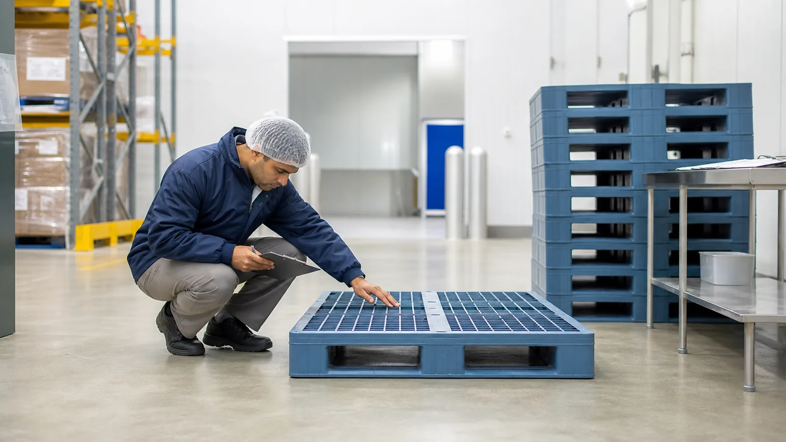 Food warehouse worker inspecting clean plastic pallets in a segregated storage area