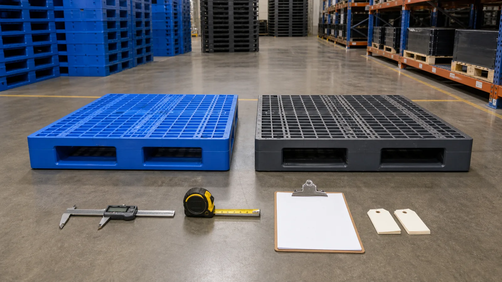 Warehouse team comparing an approved plastic pallet sample with an incoming production lot
