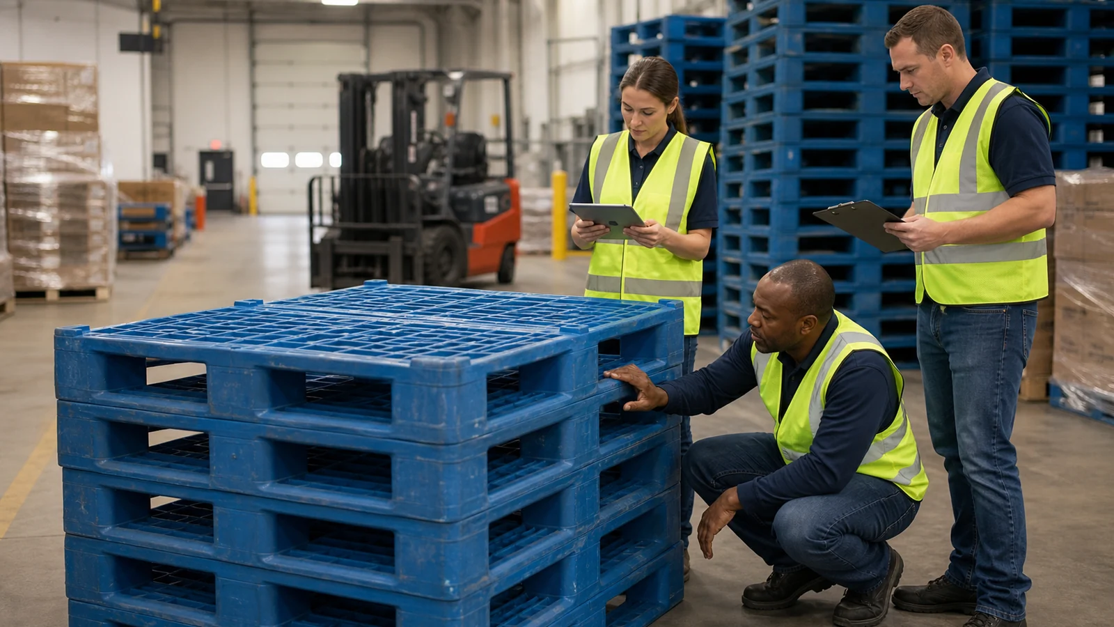 Warehouse team inspecting used blue plastic pallets before purchase approval