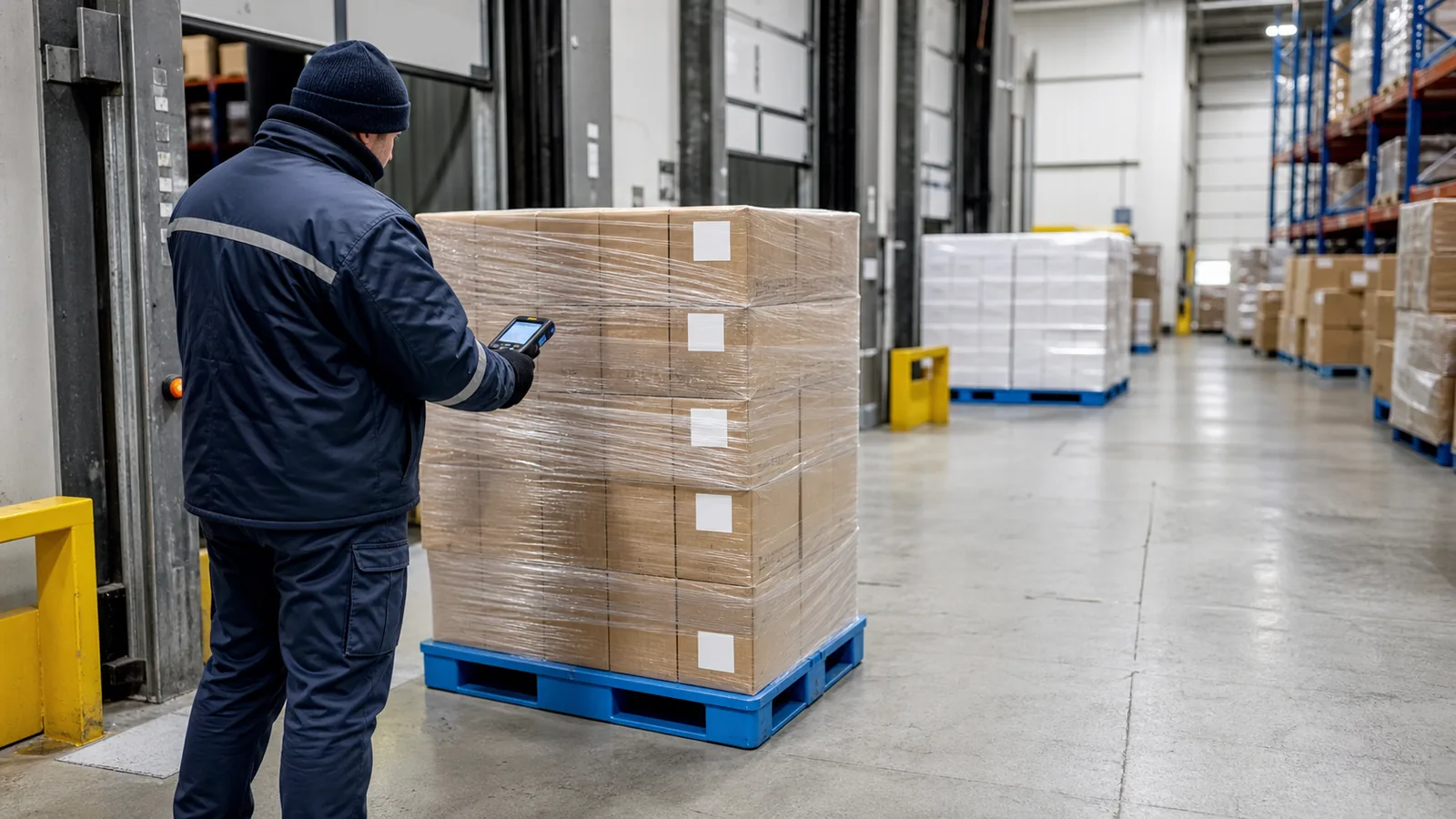 Food warehouse team scanning a labeled plastic pallet at a shipping dock