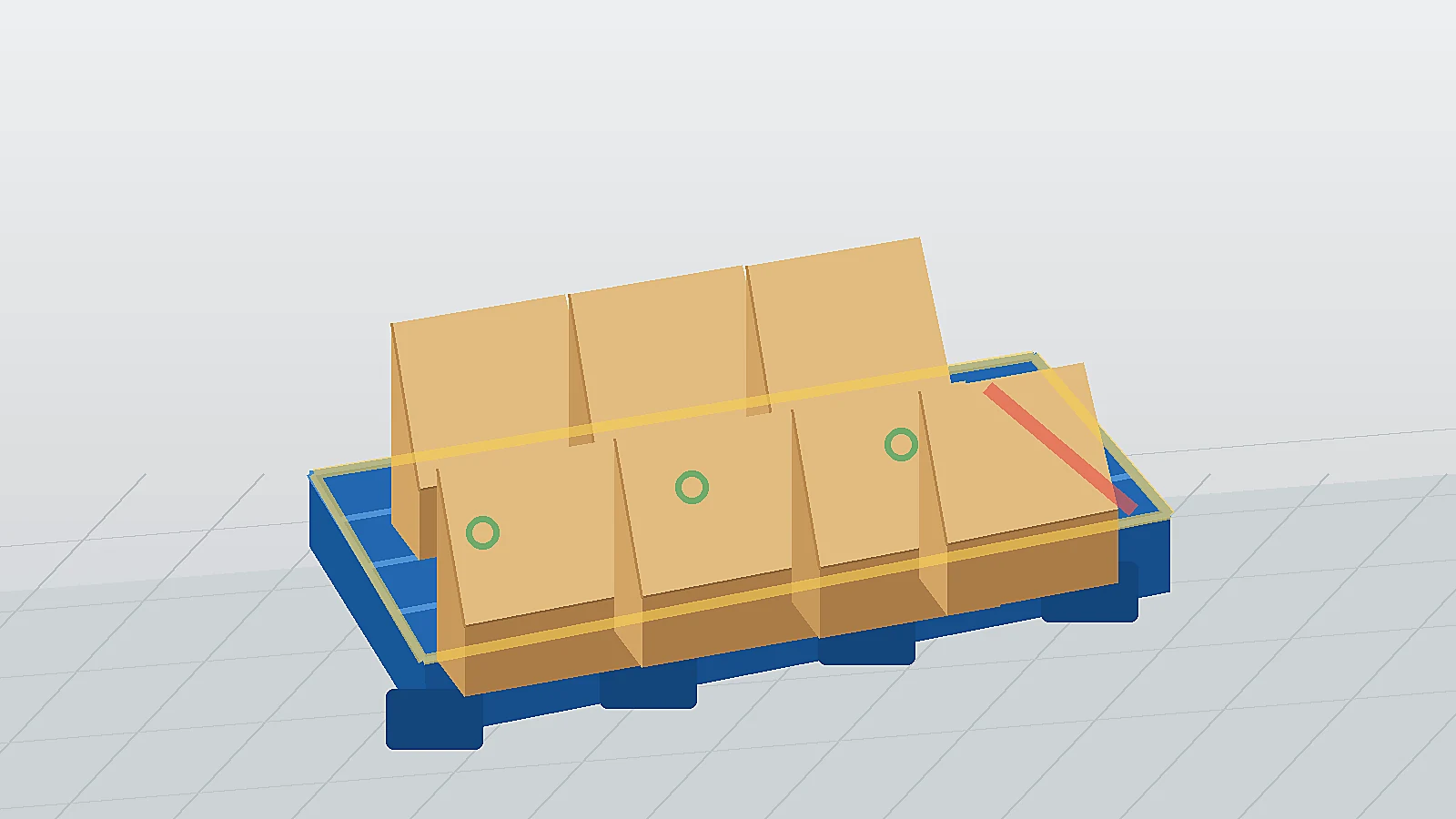 Warehouse team checking carton footprint on a blue plastic pallet sample