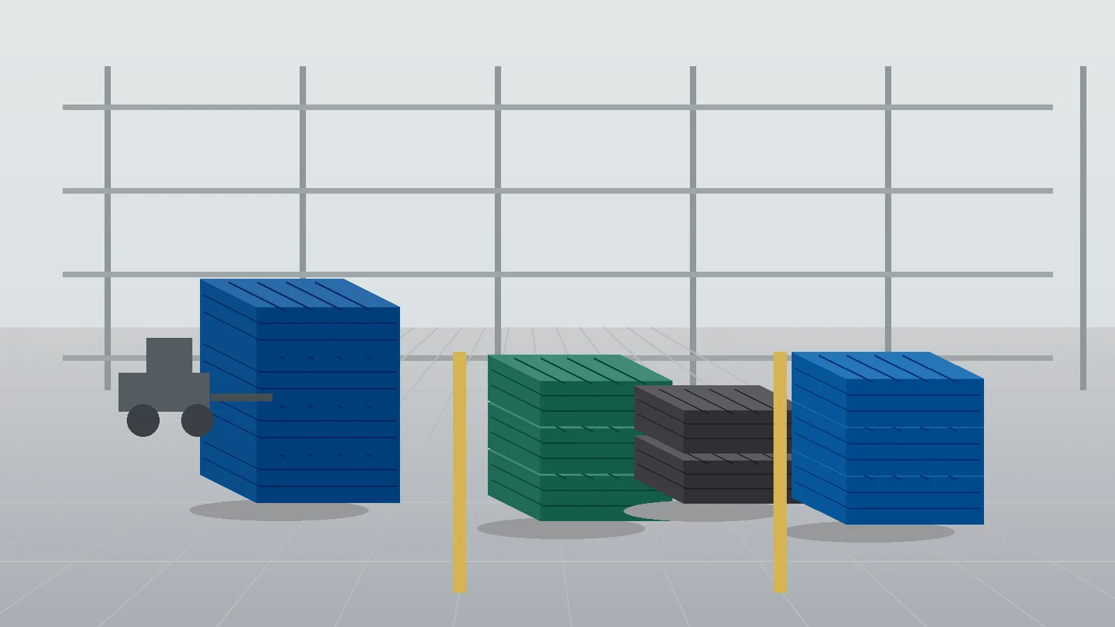 Separated stacks of different plastic pallet models in a warehouse staging lane
