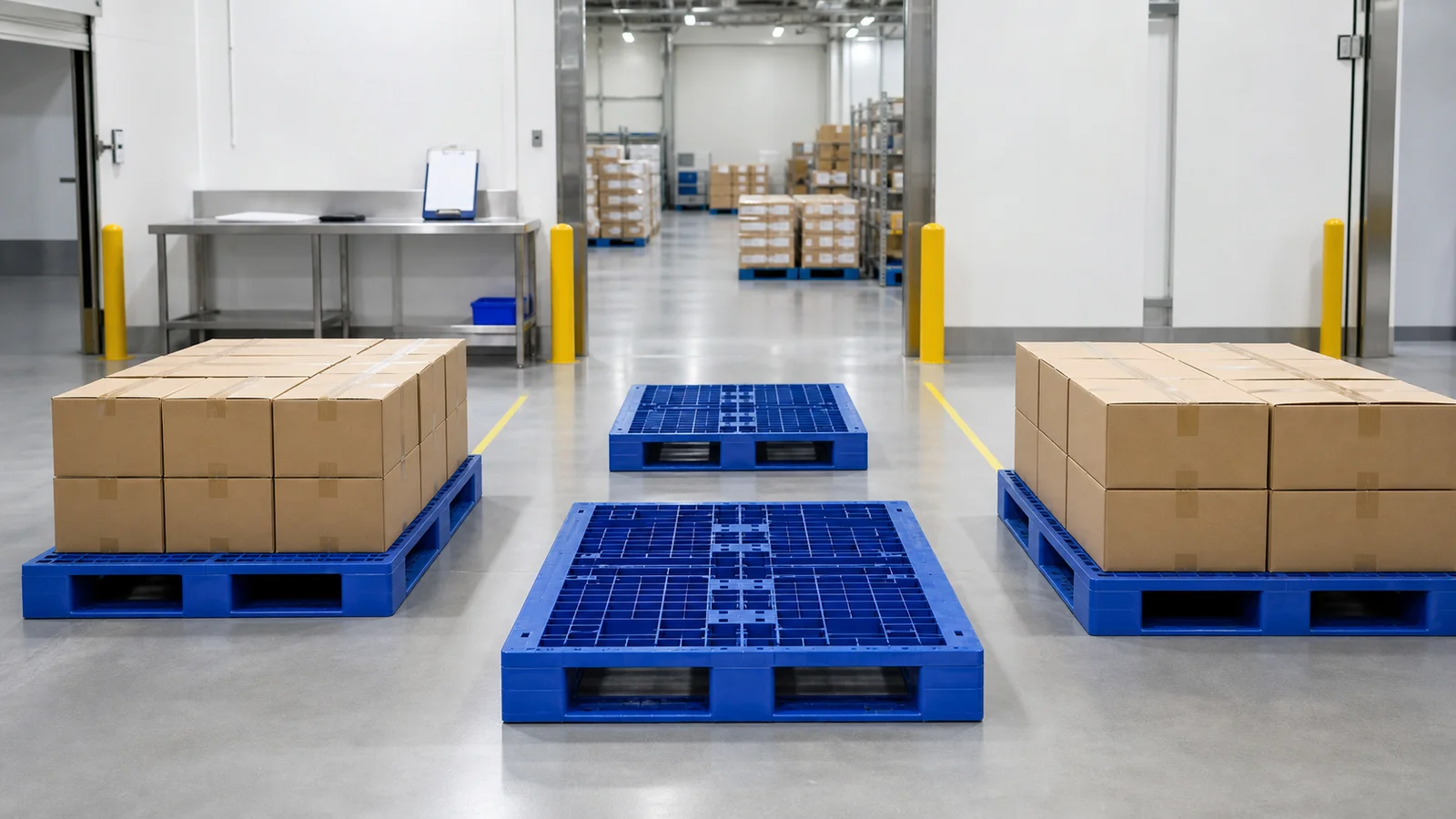 Clean blue plastic pallets separated for release inspection in a controlled warehouse
