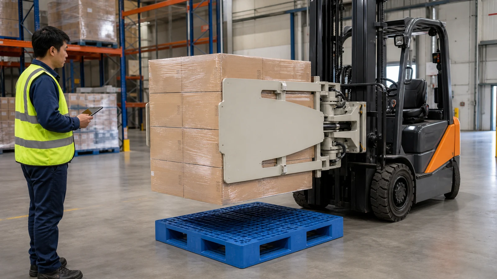 Warehouse forklift with a carton-clamp attachment beside a blue plastic pallet during a handling review
