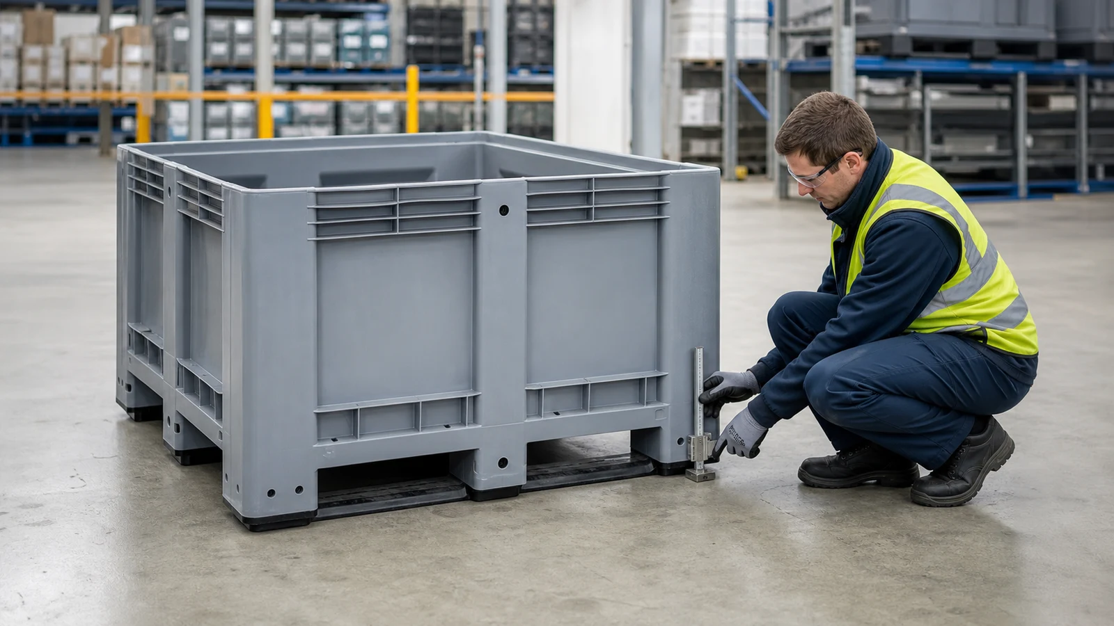 Technician inspecting the base of a rigid plastic pallet box in a warehouse