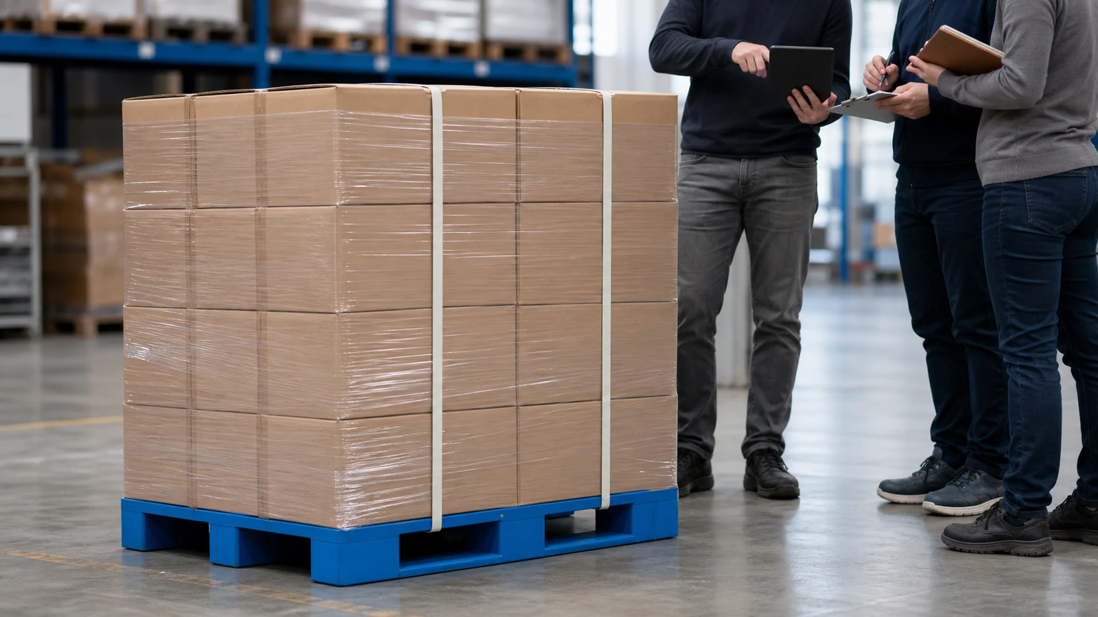 Wrapped cartons on an unbranded blue plastic pallet in a warehouse staging area
