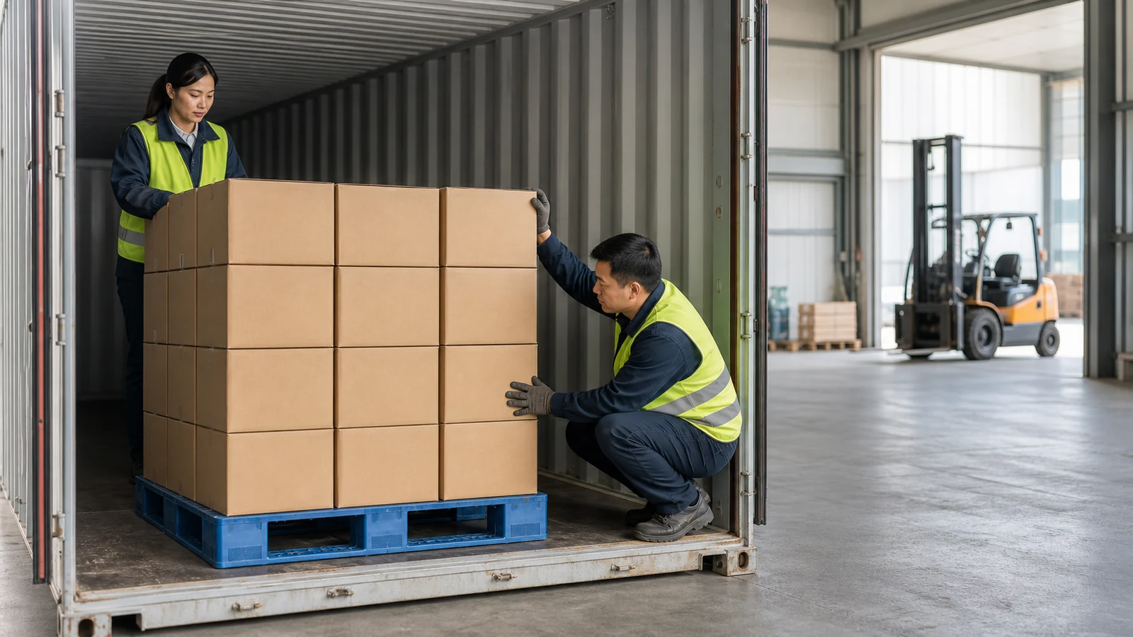 Cartons on a blue plastic pallet being checked before loading into an unbranded shipping container