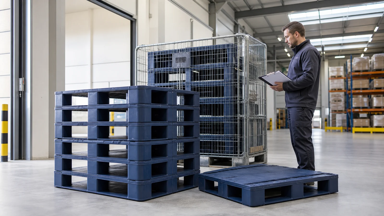 Unbranded reusable plastic pallets being inspected and counted in a warehouse return area