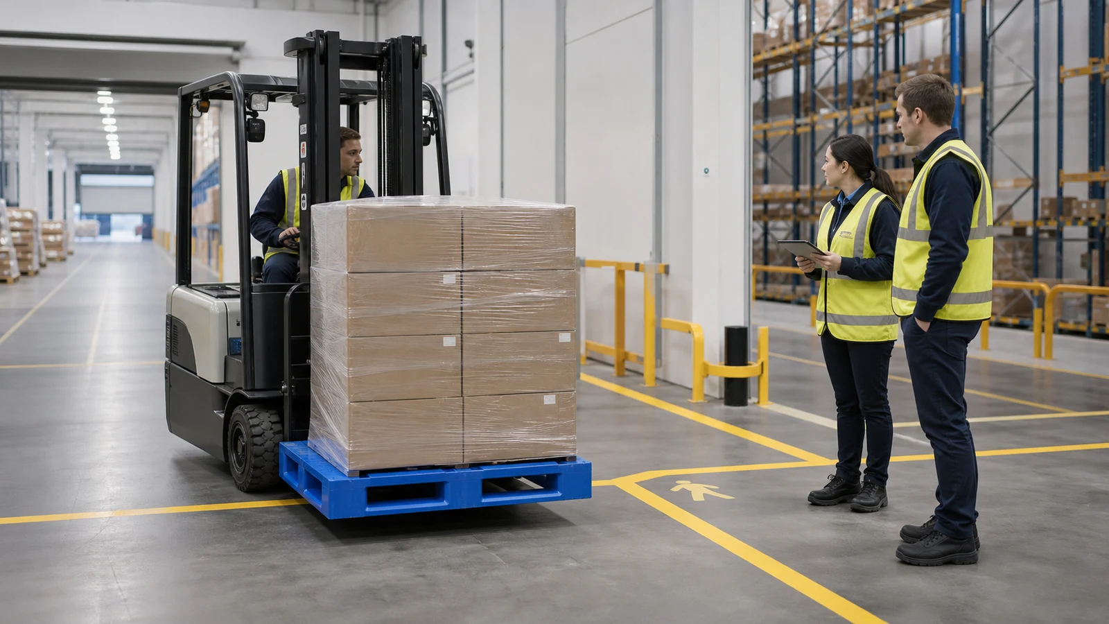 A blue plastic pallet with cartons near a stopped electric forklift at a marked warehouse junction