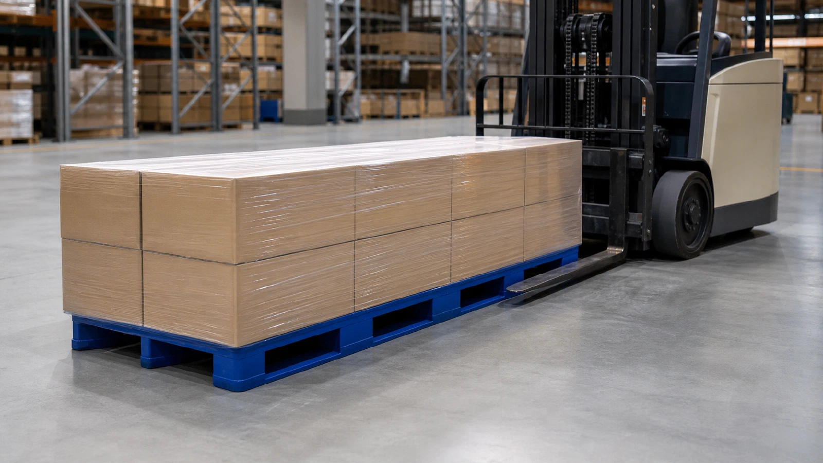 Blue plastic pallet with a long wrapped carton load positioned near electric forklift forks in a warehouse
