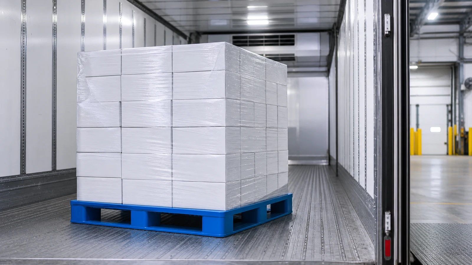 Blue plastic pallet with wrapped white cartons inside a refrigerated trailer, with lower deck openings visible