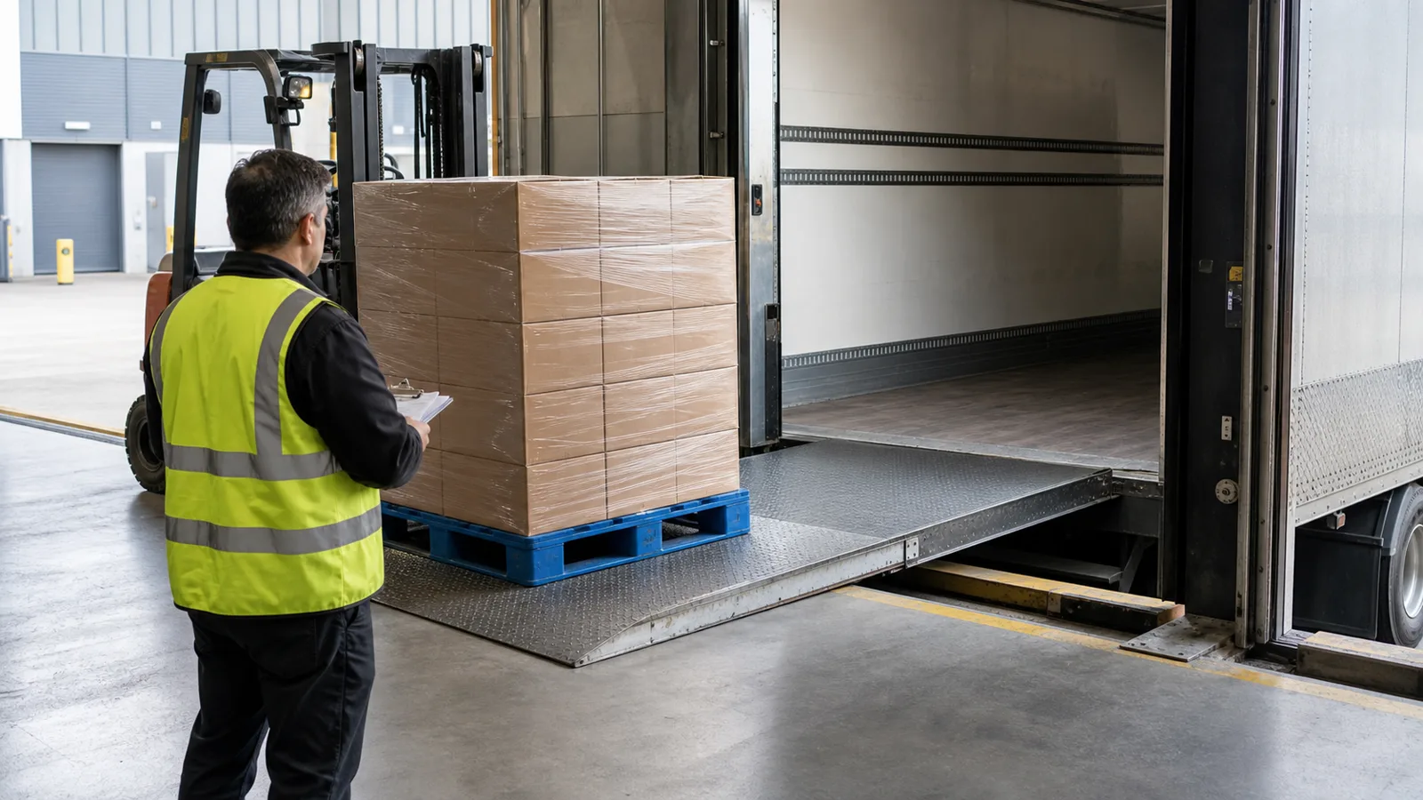 A blue plastic pallet with wrapped cartons beside a dockboard as a forklift and safety manager prepare for a dock crossing