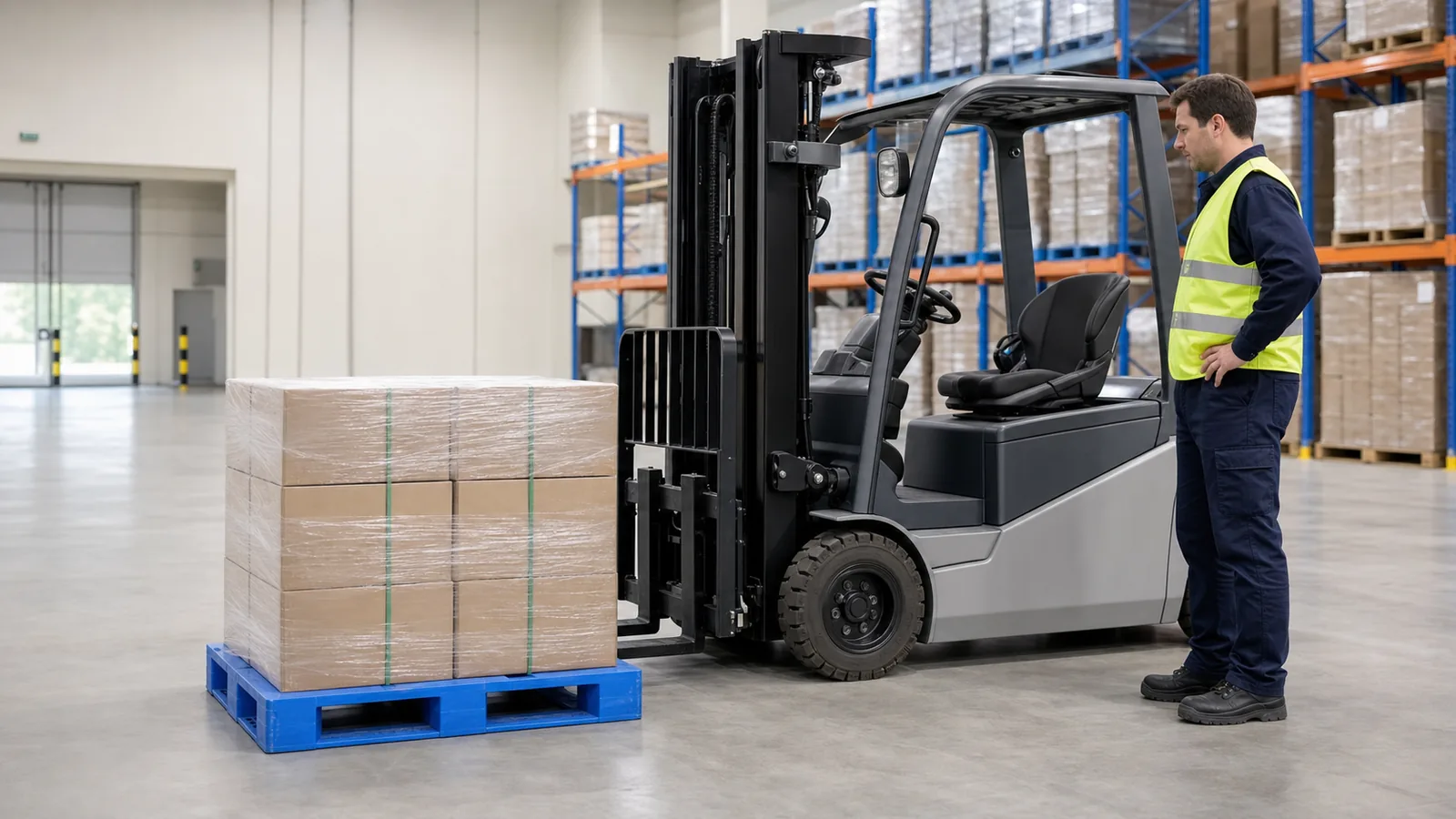 A blue plastic pallet with a wrapped carton load beside a stopped electric forklift in a warehouse