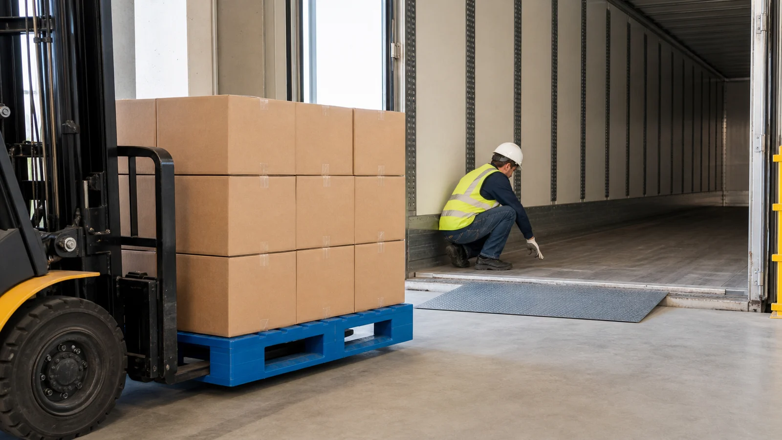 A blue plastic pallet with cartons at the entrance of an unbranded trailer while a forklift operator and warehouse worker inspect the trailer floor