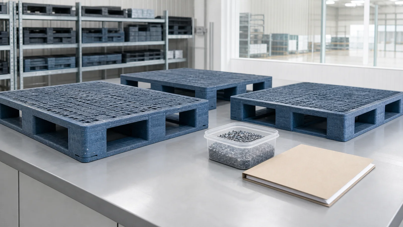 Unbranded plastic pallets and material-evidence samples on a warehouse inspection table