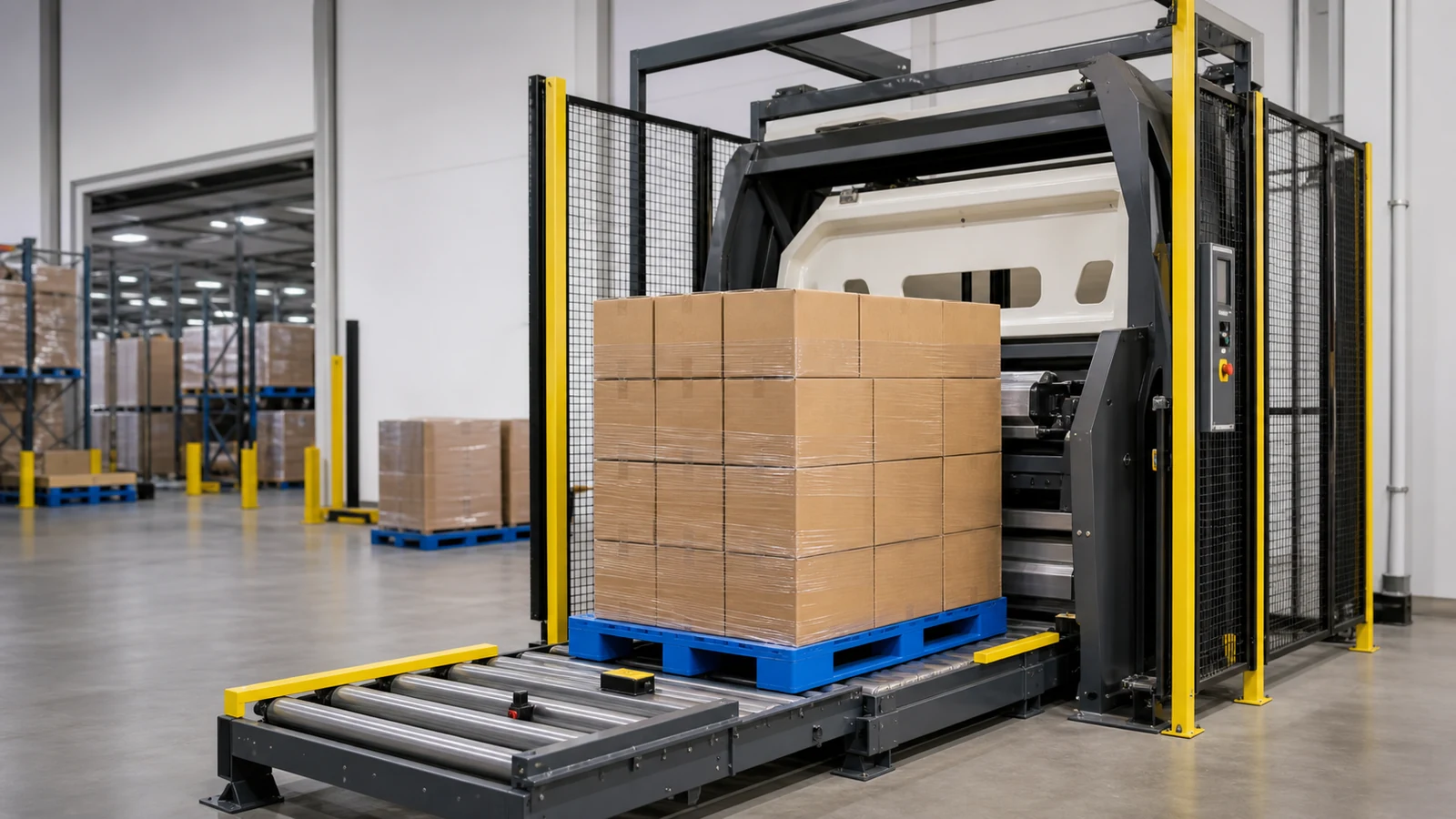 Blue plastic pallet carrying a boxed load at an unbranded pallet inverter in a warehouse