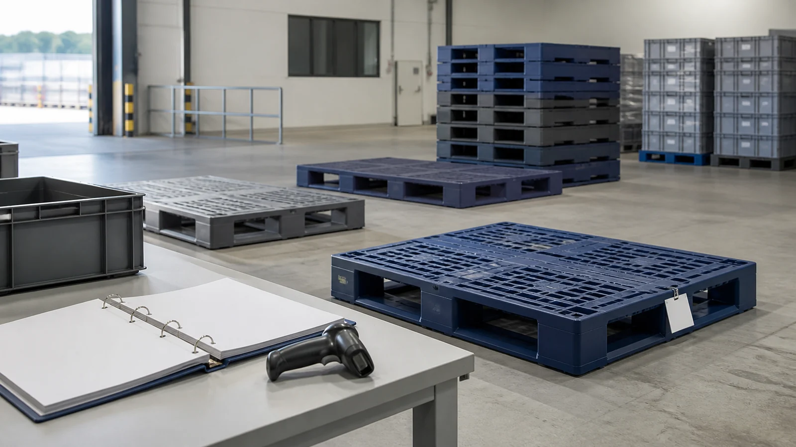 Unbranded reusable plastic pallets in a warehouse return-loop staging area