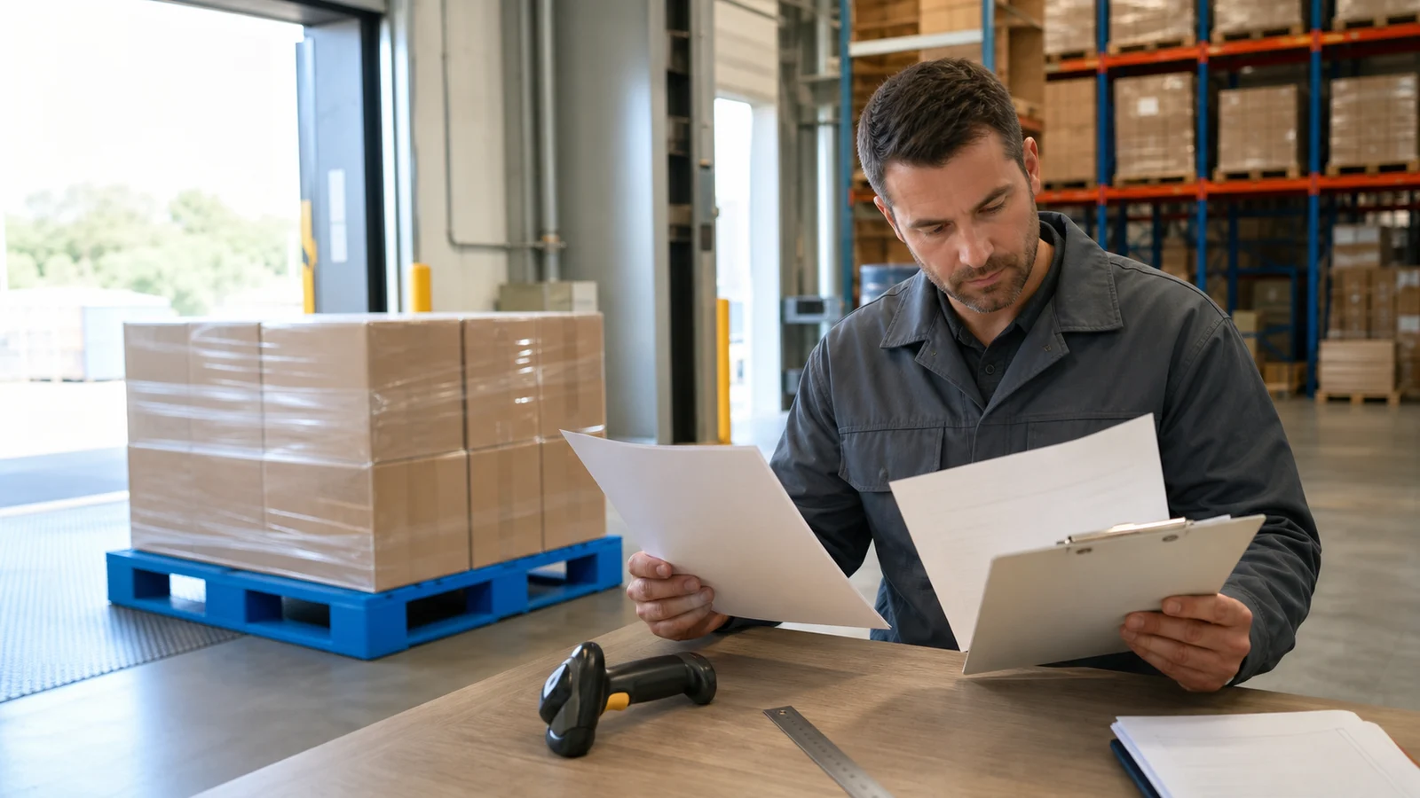 Warehouse procurement team comparing pallet documents beside a blue plastic pallet