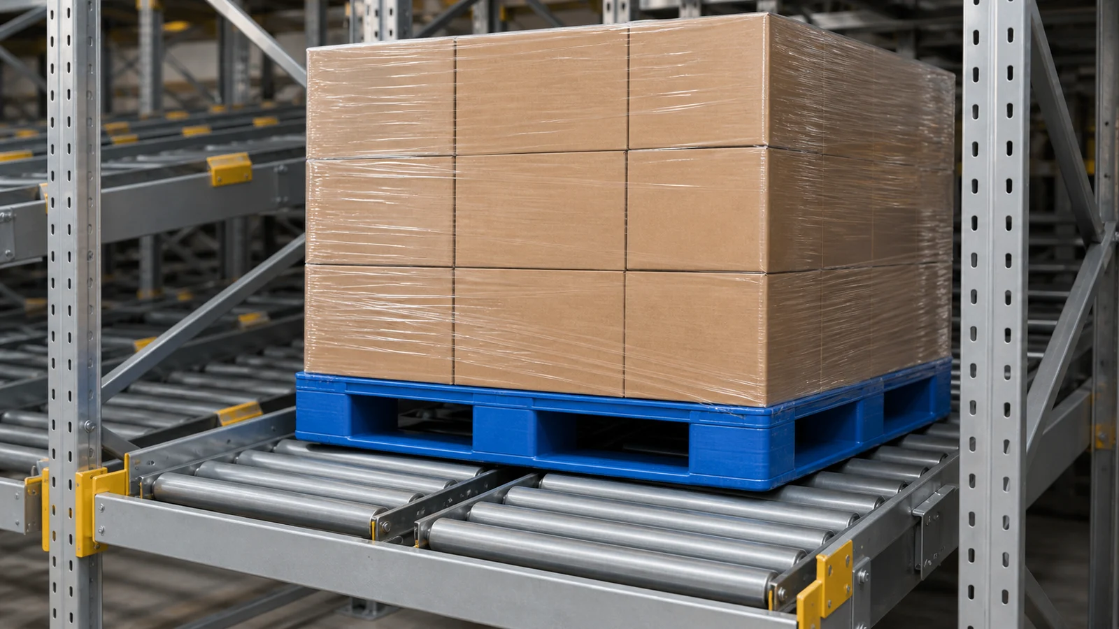 A blue plastic pallet carrying wrapped cartons on a gravity roller flow lane