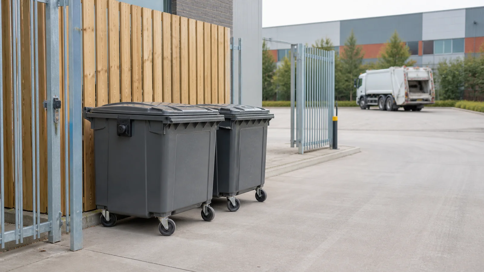 Two unbranded four-wheel commercial waste bins in a secure service yard before collection