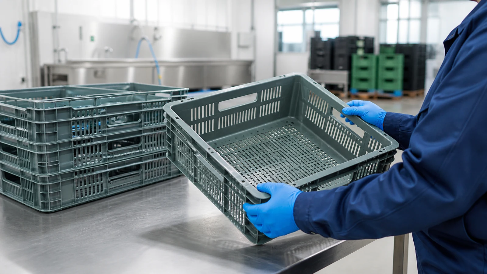 A worker in a clean packing area inspecting an empty reusable plastic produce crate