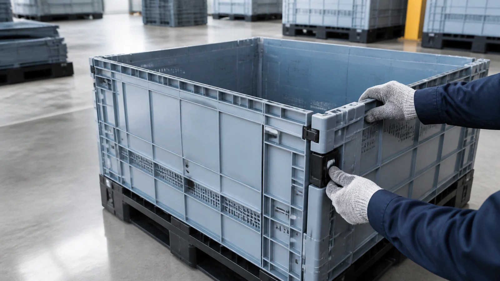 Gloved operator checking the corner lock of an empty foldable plastic pallet box in a warehouse