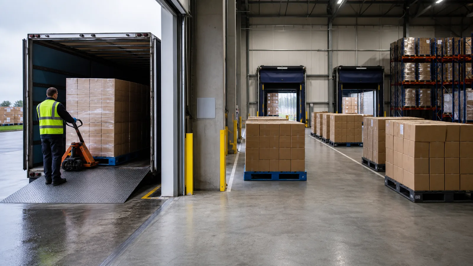Unbranded palletised goods arriving at a European distribution warehouse for onward routing