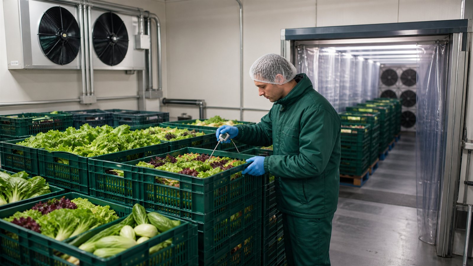 A packing-house worker checking produce temperature in stacked ventilated plastic crates beside a cooling tunnel