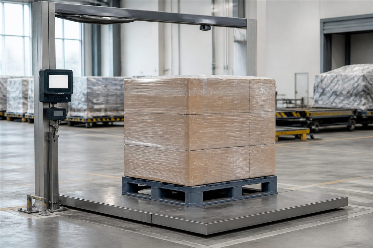 An unbranded palletized load being weighed and dimensioned in an air-cargo terminal