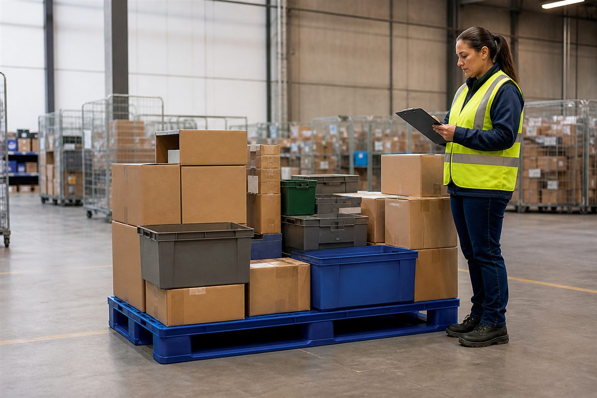Warehouse inspector checking a part-picked mixed load of cartons and totes on a plastic pallet