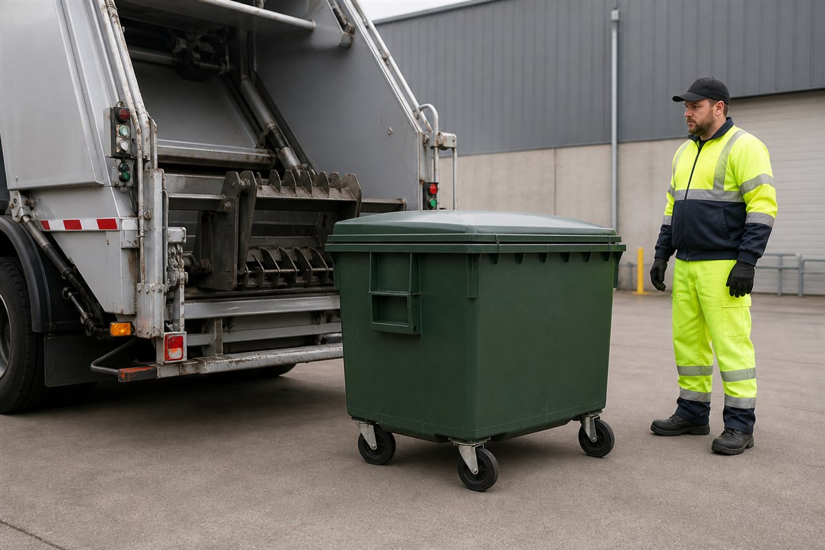 Operator checking a four-wheel commercial waste bin beside a refuse vehicle lifting mechanism