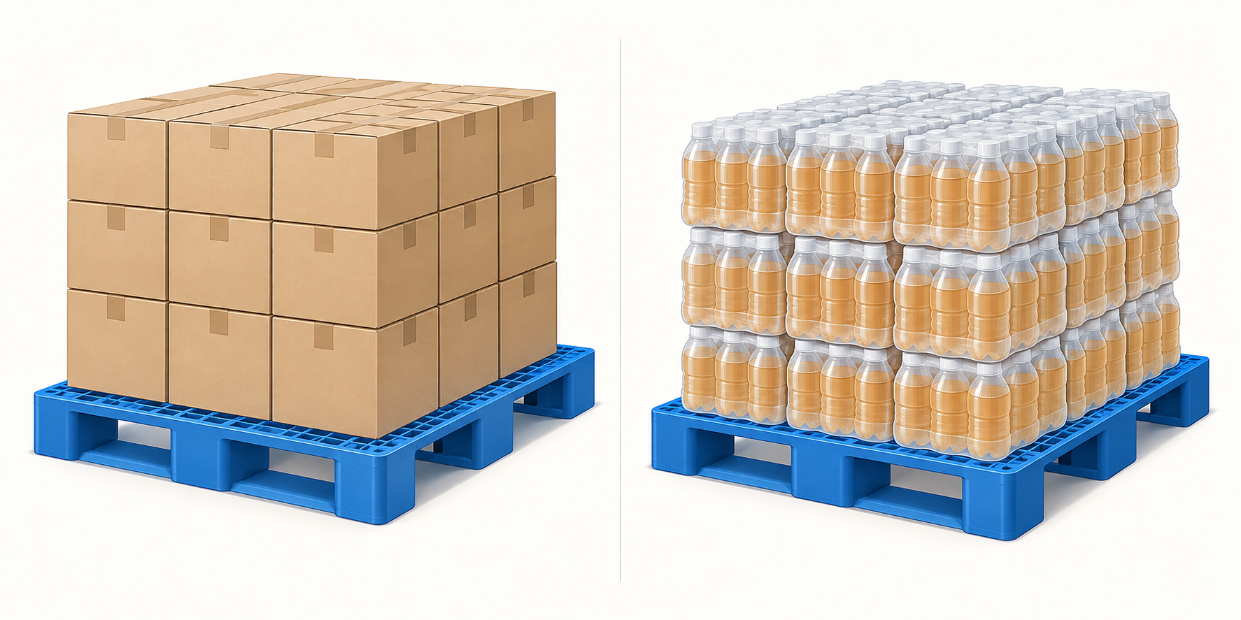 Illustration comparing cartons and shrink-wrapped beverage packs on plastic pallets
