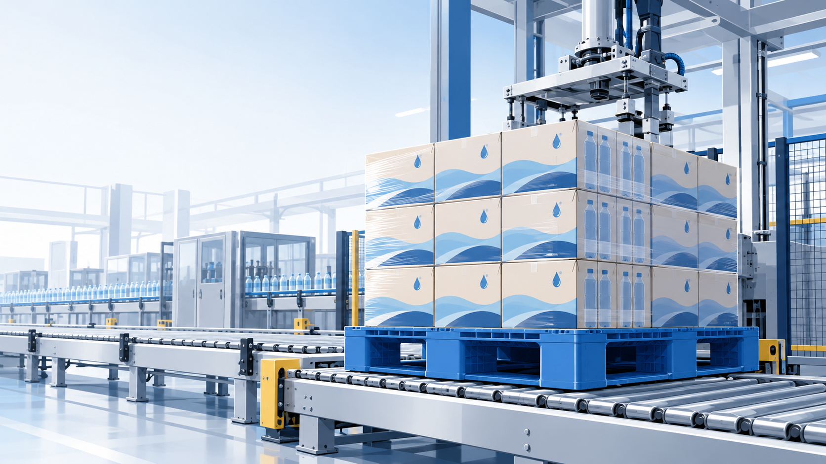 Illustration of cartons on a plastic pallet at a beverage palletizing line
