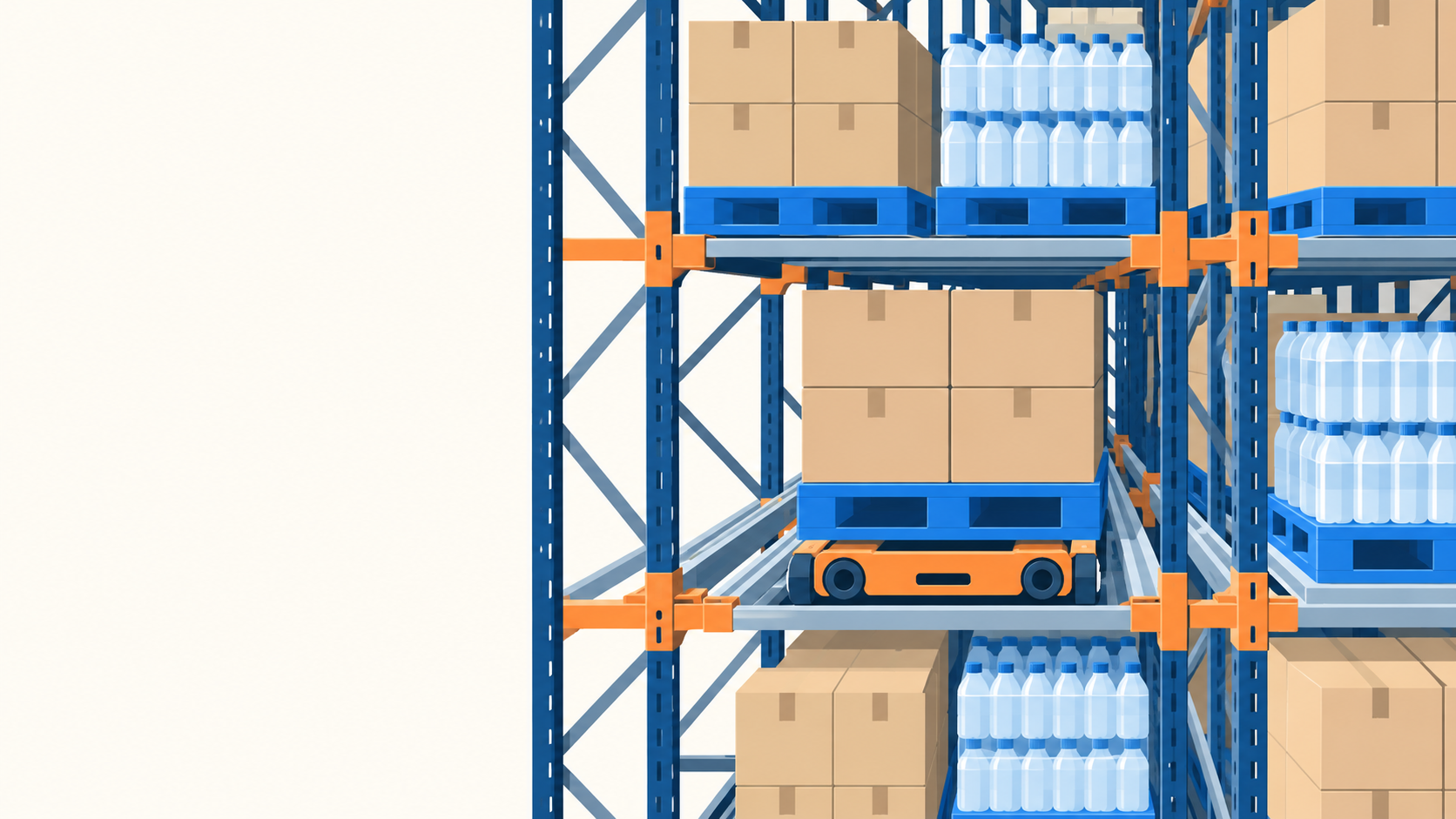 Illustration of beverage cartons on a plastic pallet entering a four-way shuttle warehouse