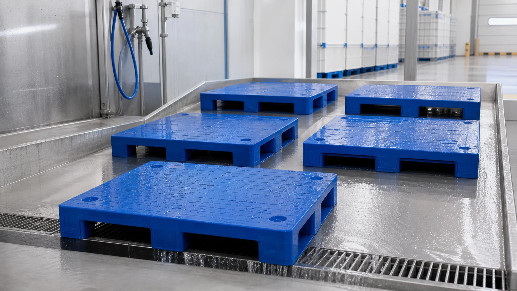 Clean blue plastic pallets drying in a warehouse washdown area after sanitation