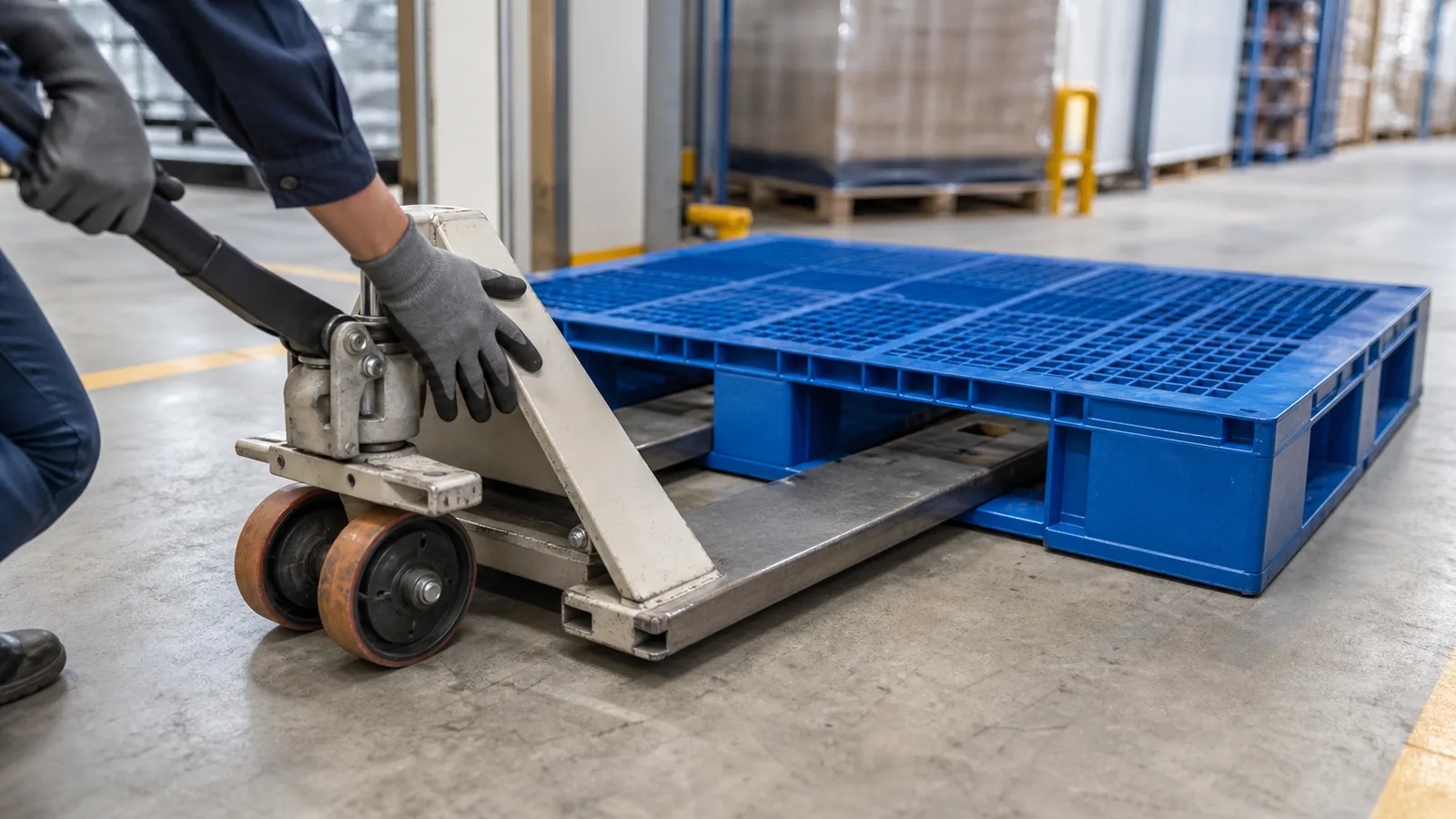 Warehouse operator checking manual pallet jack fork entry under a blue plastic pallet