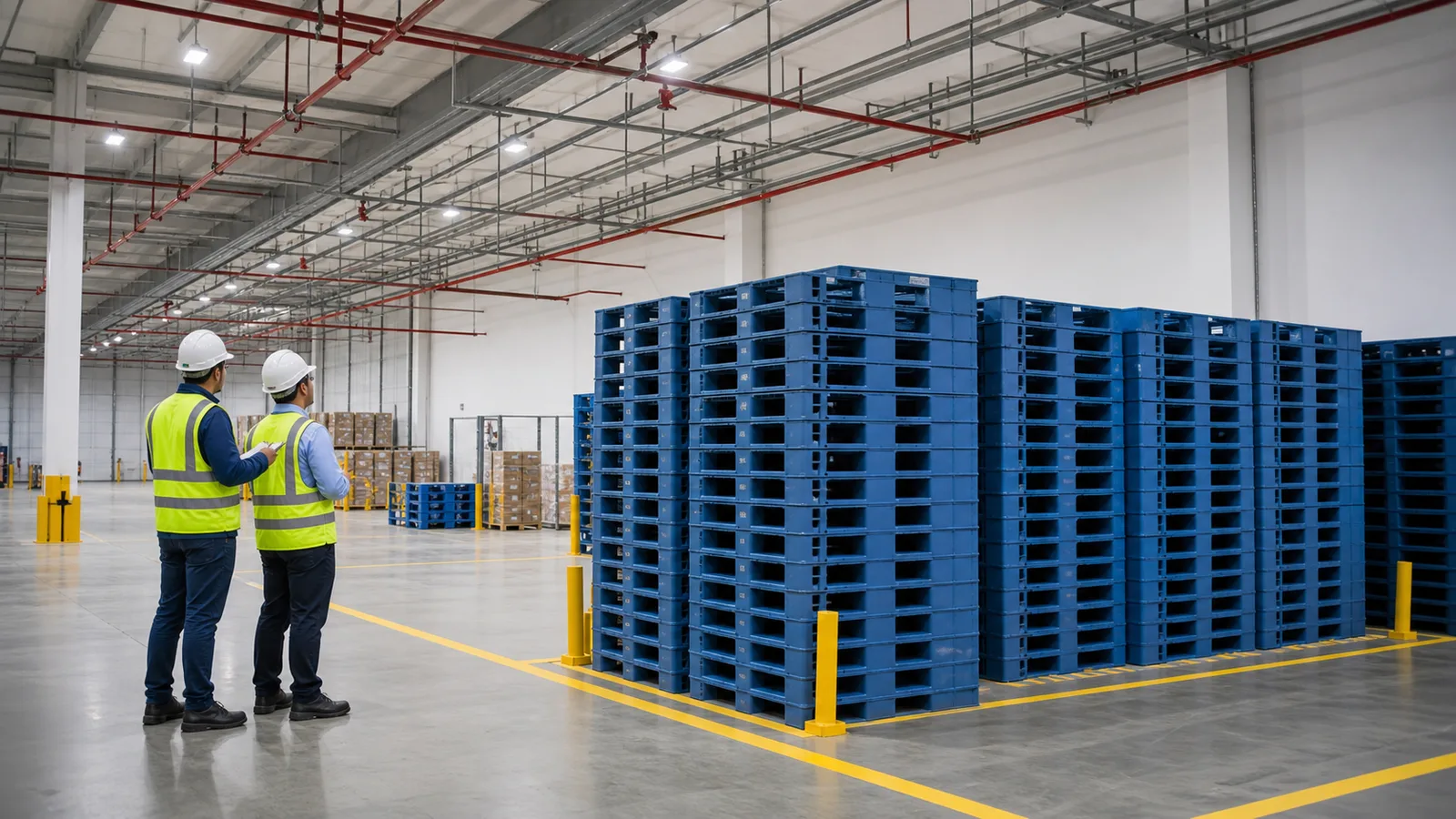 Warehouse team reviewing plastic pallet storage layout, sprinkler clearance, and fire safety controls