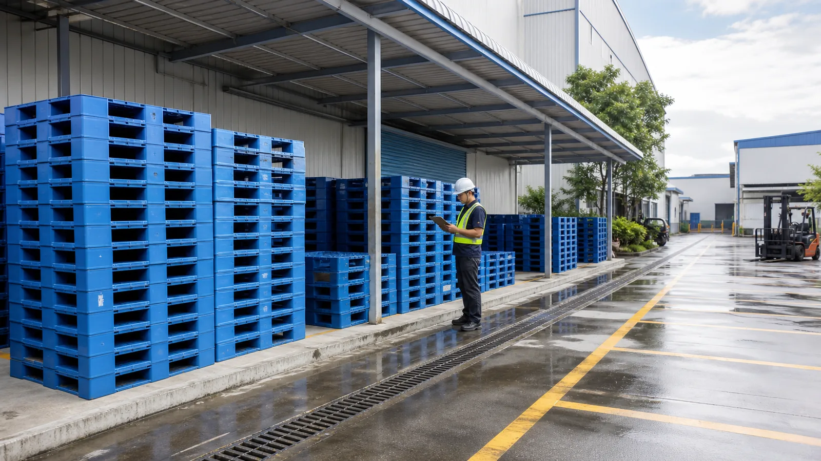 Plastic pallets stored in a covered warehouse yard with drainage and inspection controls