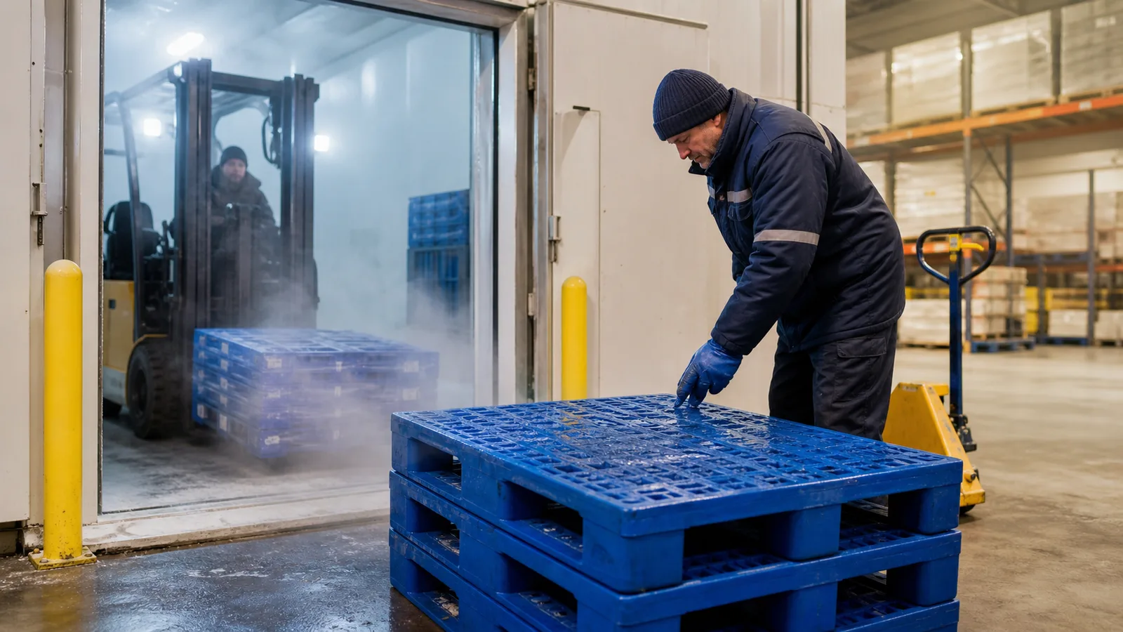 Blue plastic pallets inspected near a cold room doorway where condensation may form