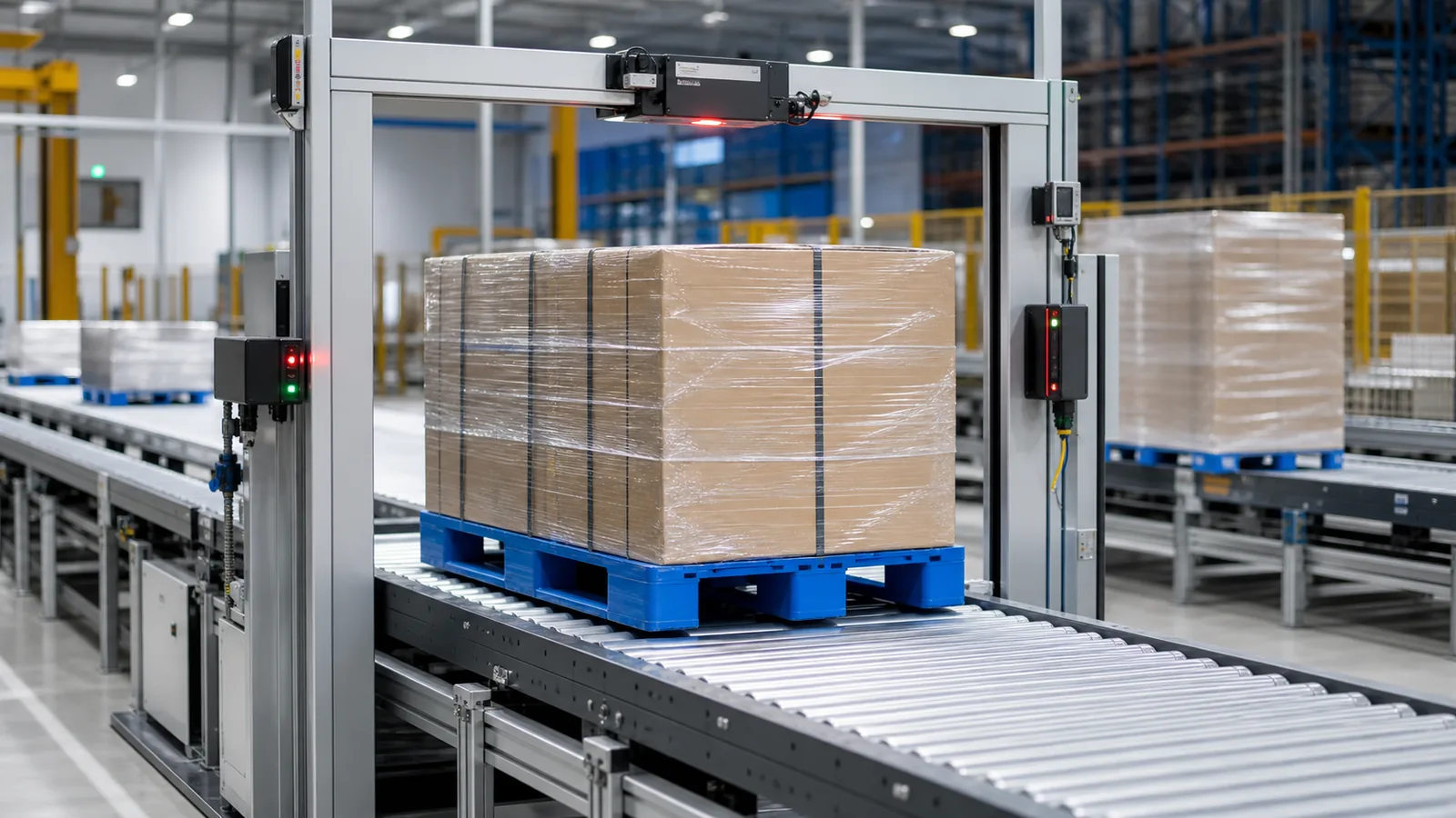 Blue plastic pallet passing through a fixed scanner gate on an automated warehouse conveyor