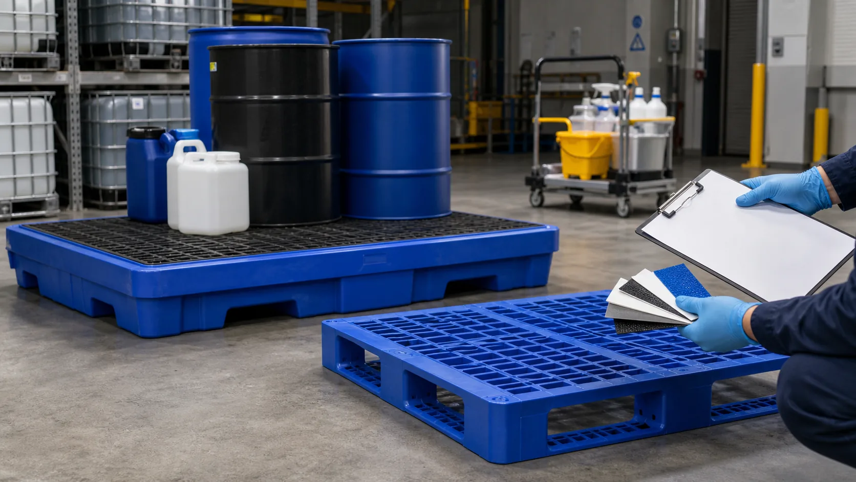 Blue plastic pallet inspected beside sealed chemical drums during a compatibility review