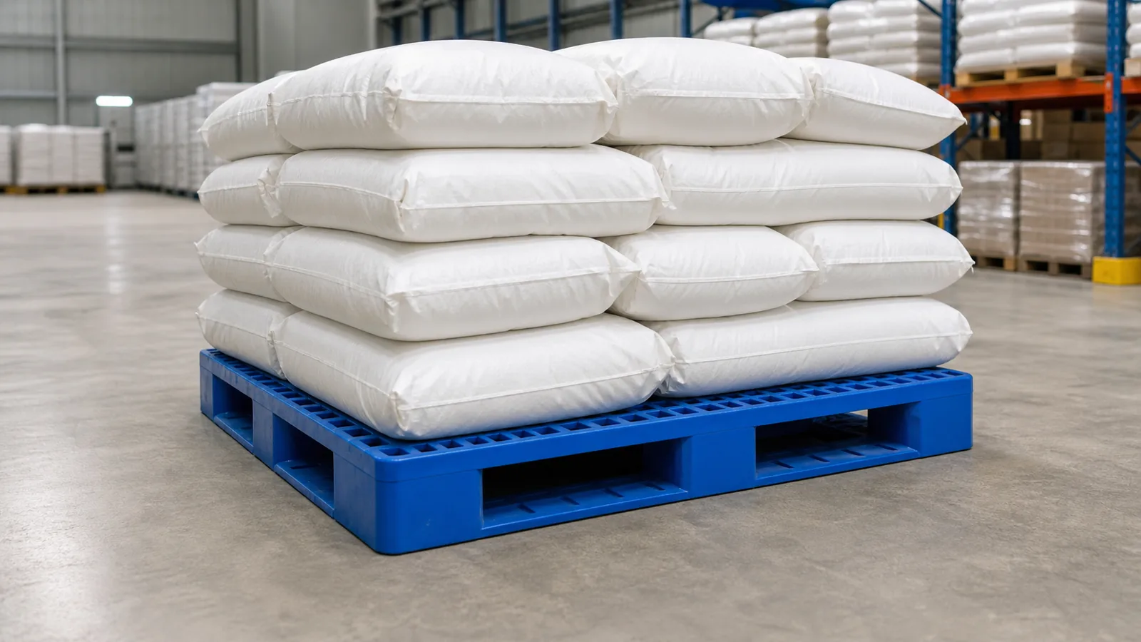White bagged goods stacked on a blue plastic pallet in a warehouse, showing deck support under the first layer