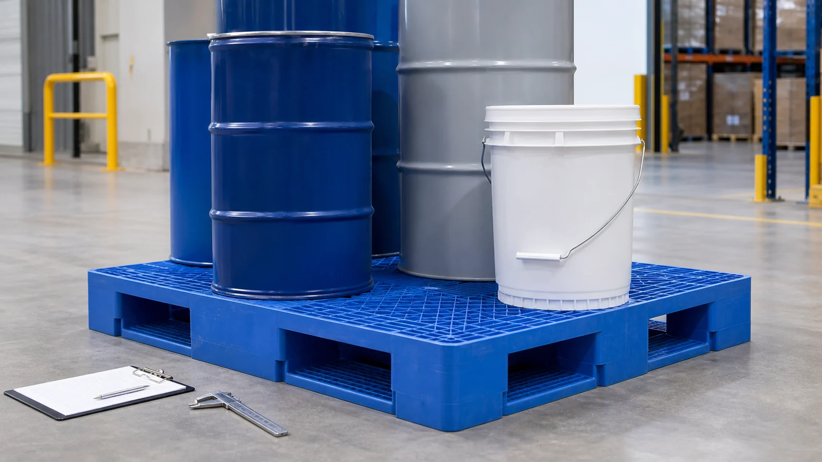 Blue plastic pallet supporting sealed drums and pails during a warehouse point-load inspection