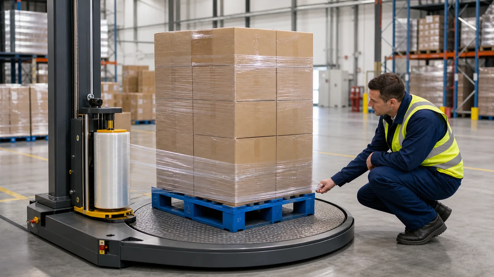 Blue plastic pallet carrying cartons on a stretch wrapper turntable during a warehouse film tension check