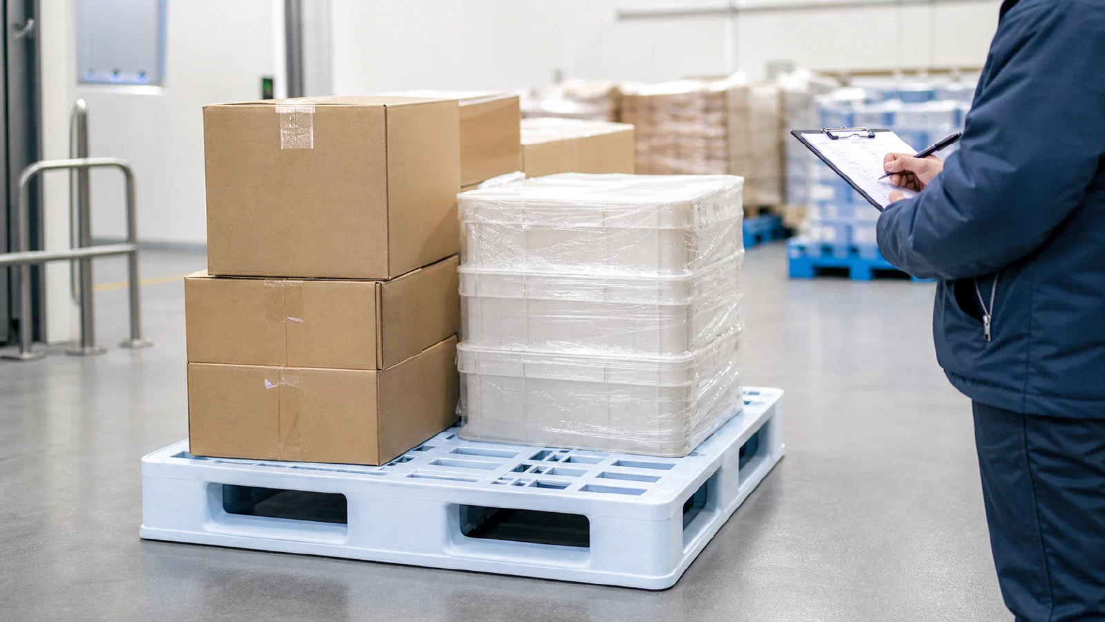 Clean plastic pallet with sealed goods being checked in a food logistics warehouse