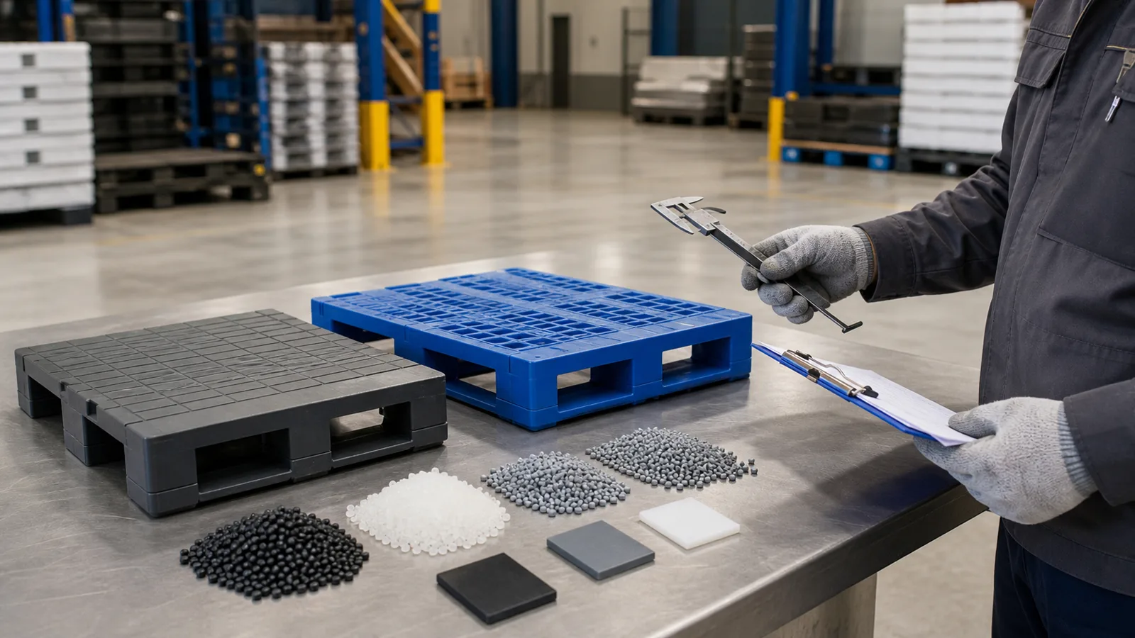 Plastic pallet material samples being checked in a warehouse inspection area