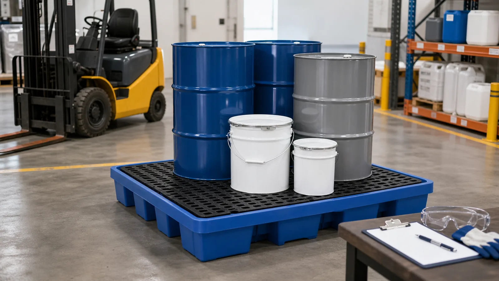 Blue spill containment pallet holding sealed drums during a warehouse inspection