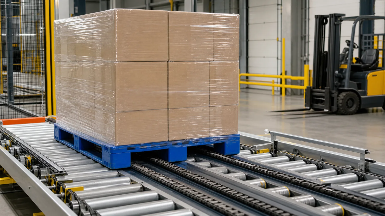 Blue plastic pallet carrying cartons across roller and chain conveyor transfer points